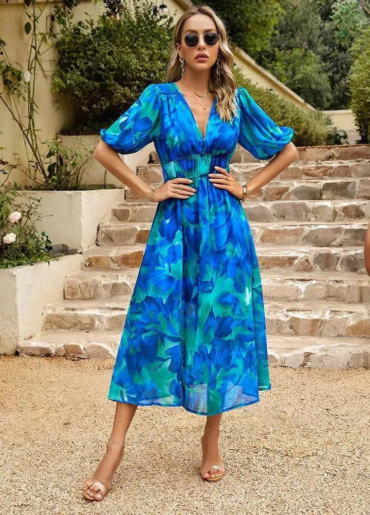 Women's Races Dresses Floral Midi V-Neck