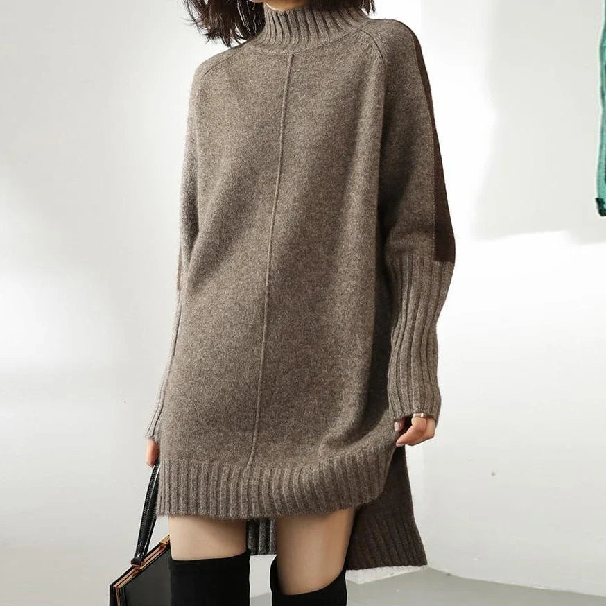 long sleeve mini dress winter Women's Knit with Turtle Neck & or cozy evenings out Navy Colorblock Dress by Size:EU 54 - US 44/ UK 44 Womens-Faux Wrap-Dress