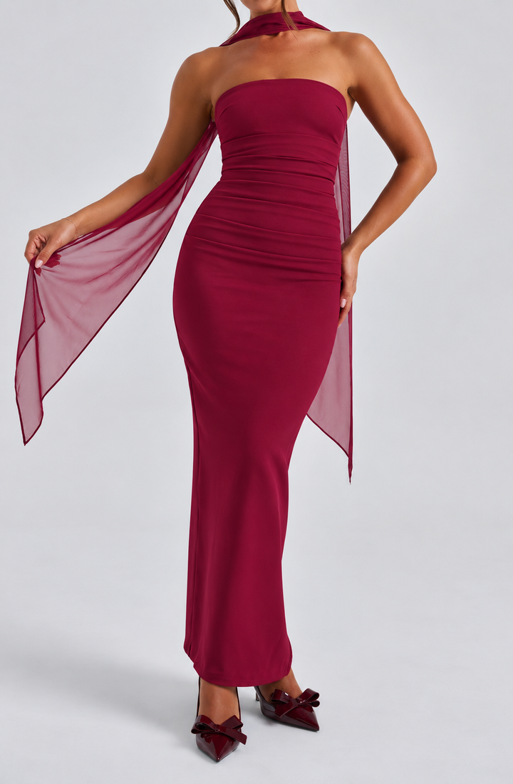 Women's Race Dress with Sheer Sleeves & Scarf Detail | Maxi