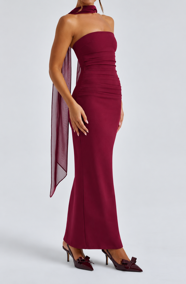 Women's Race Dress with Sheer Sleeves & Scarf Detail | Maxi