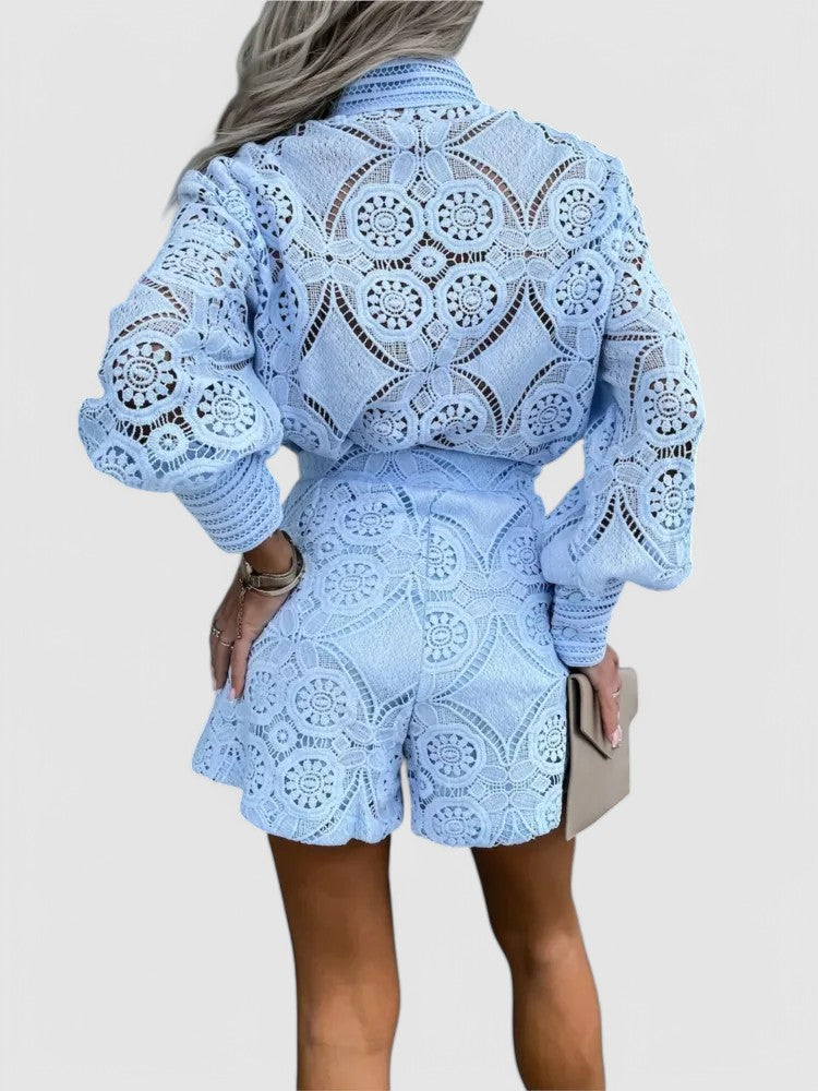 Isla – Broderie Anglaise Playsuit with Balloon Sleeves and High Neckline