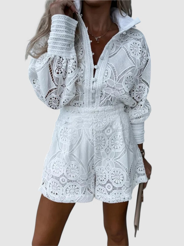 Isla – Broderie Anglaise Playsuit with Balloon Sleeves and High Neckline
