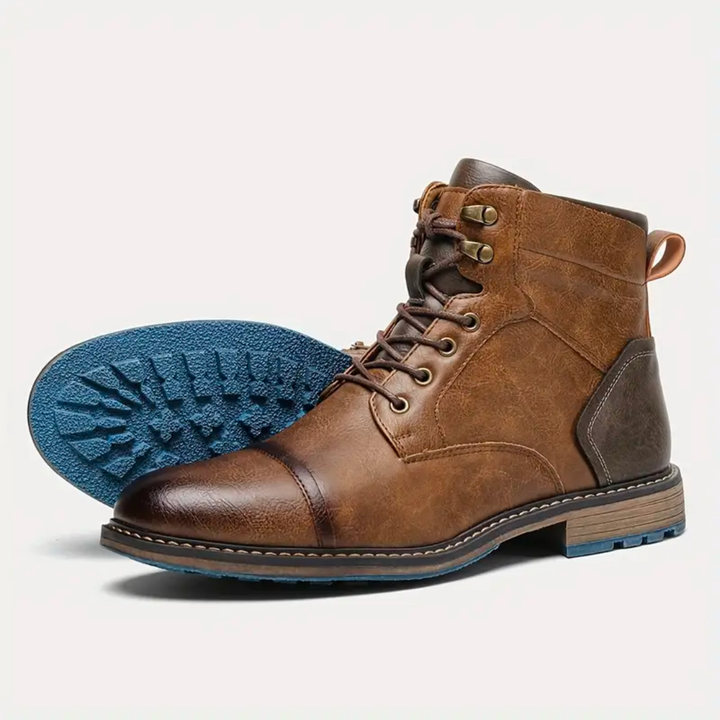 Men's Brown Boots Ankle Lace Up Cap Toe Side Zip | Work