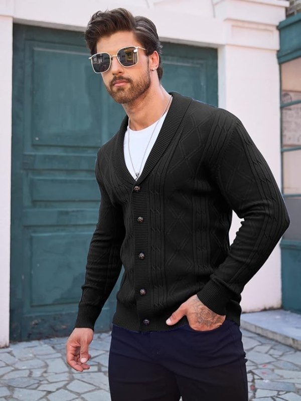 Men's Cable Knit Cardigan with Shawl Collar | V-Neck