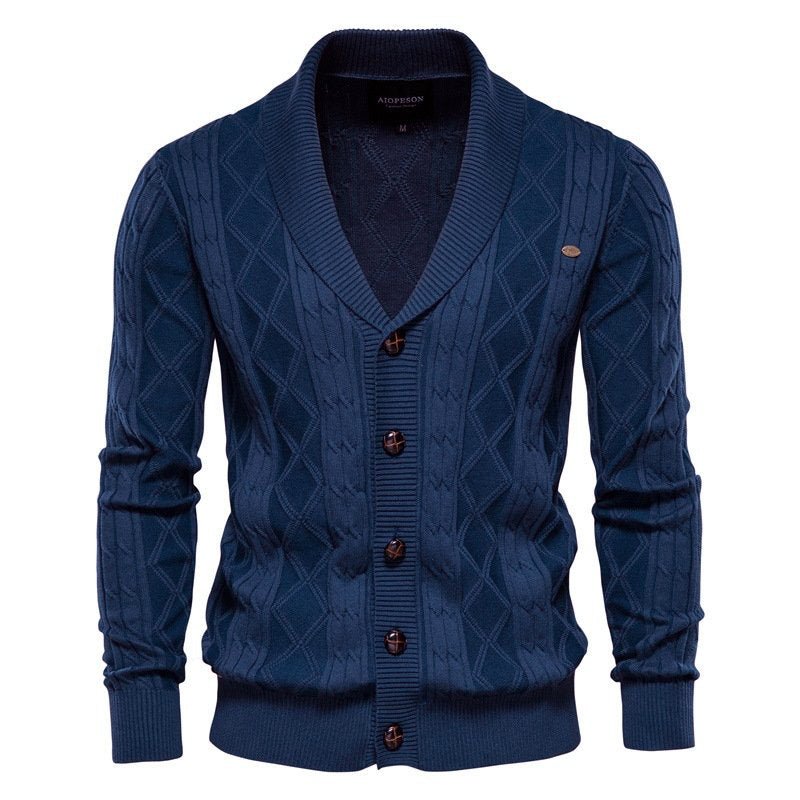 Men's Cable Knit Cardigan with Shawl Collar | V-Neck