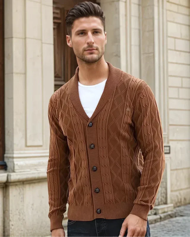 Men's Cable Knit Cardigan with Shawl Collar | V-Neck