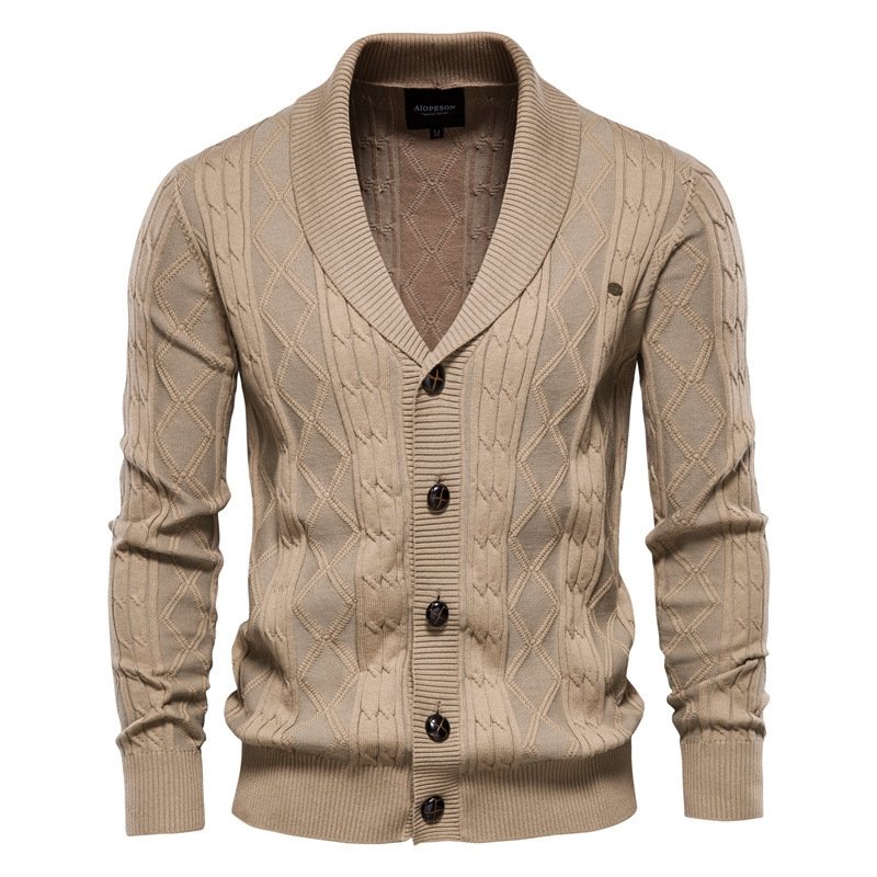 Men's Cable Knit Cardigan with Shawl Collar | V-Neck