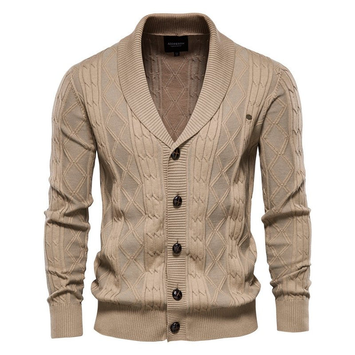 Men's Cable Knit Cardigan with Shawl Collar | V-Neck