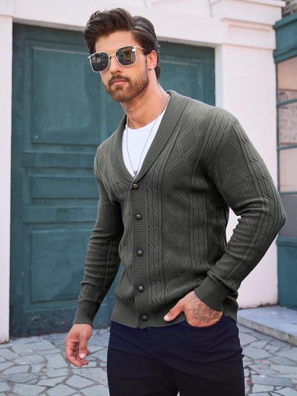 Men's Cable Knit Cardigan with Shawl Collar | V-Neck