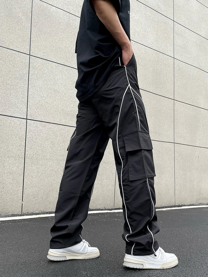 Men's Black Cargo Pants Contrast Piping | Streetwear