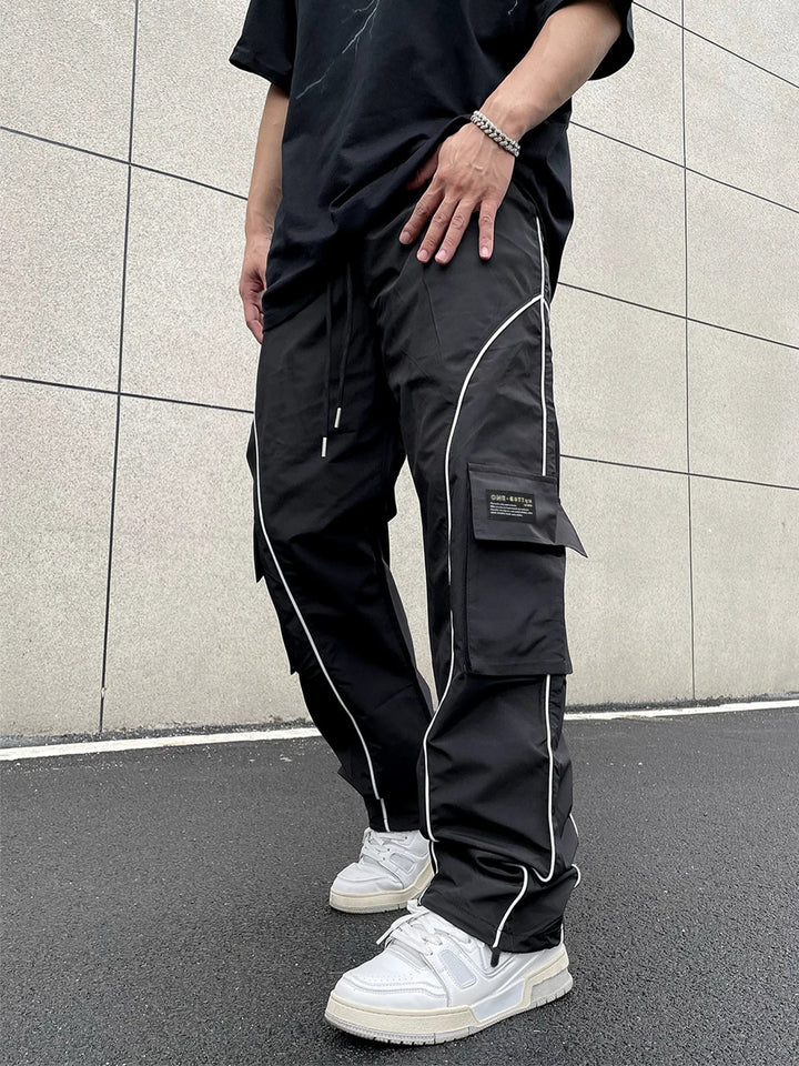 Men's Black Cargo Pants Contrast Piping | Streetwear