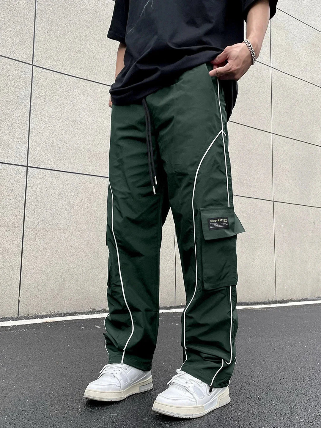 Men's Black Cargo Pants Contrast Piping | Streetwear