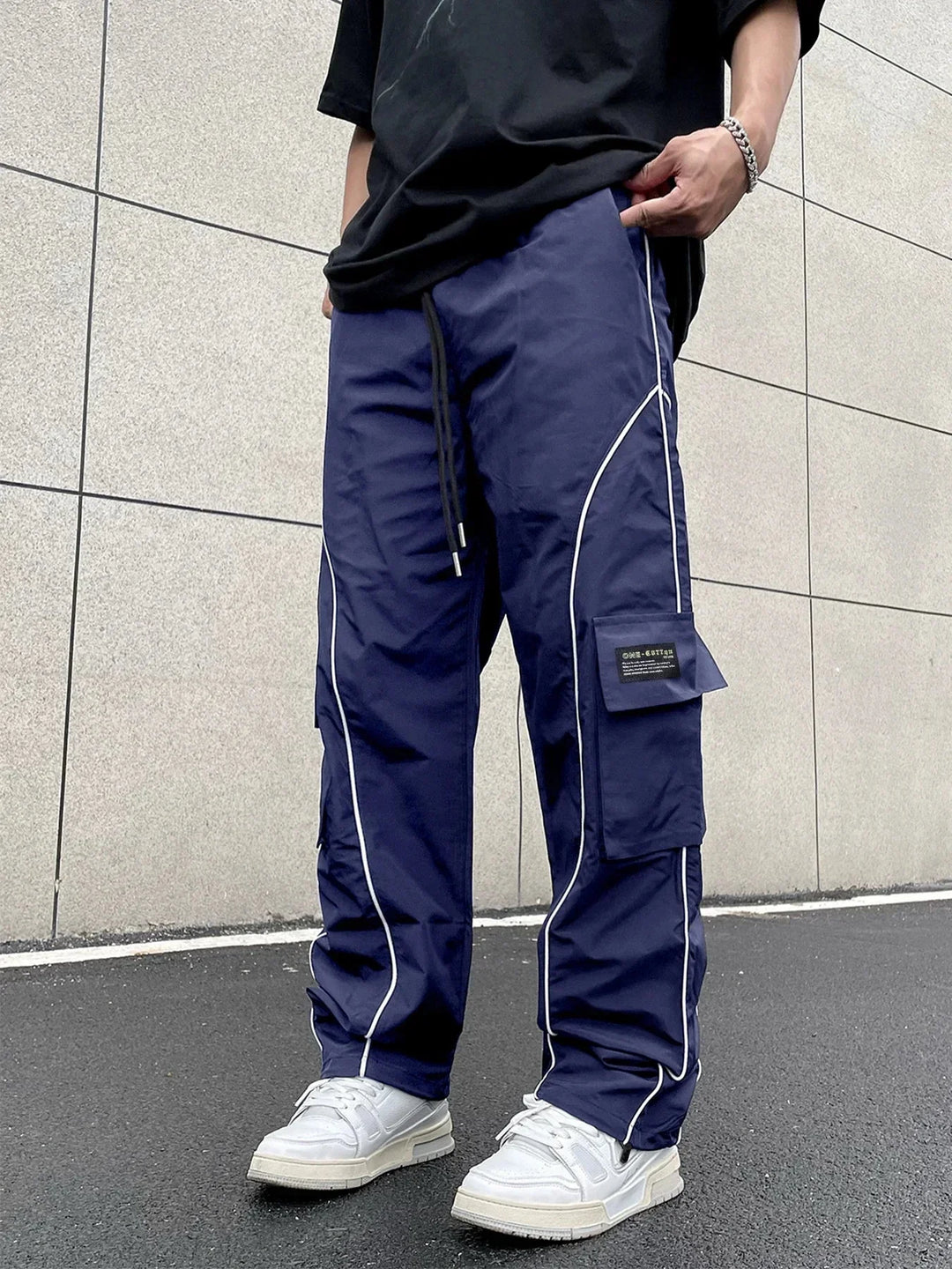 Men's Black Cargo Pants Contrast Piping | Streetwear