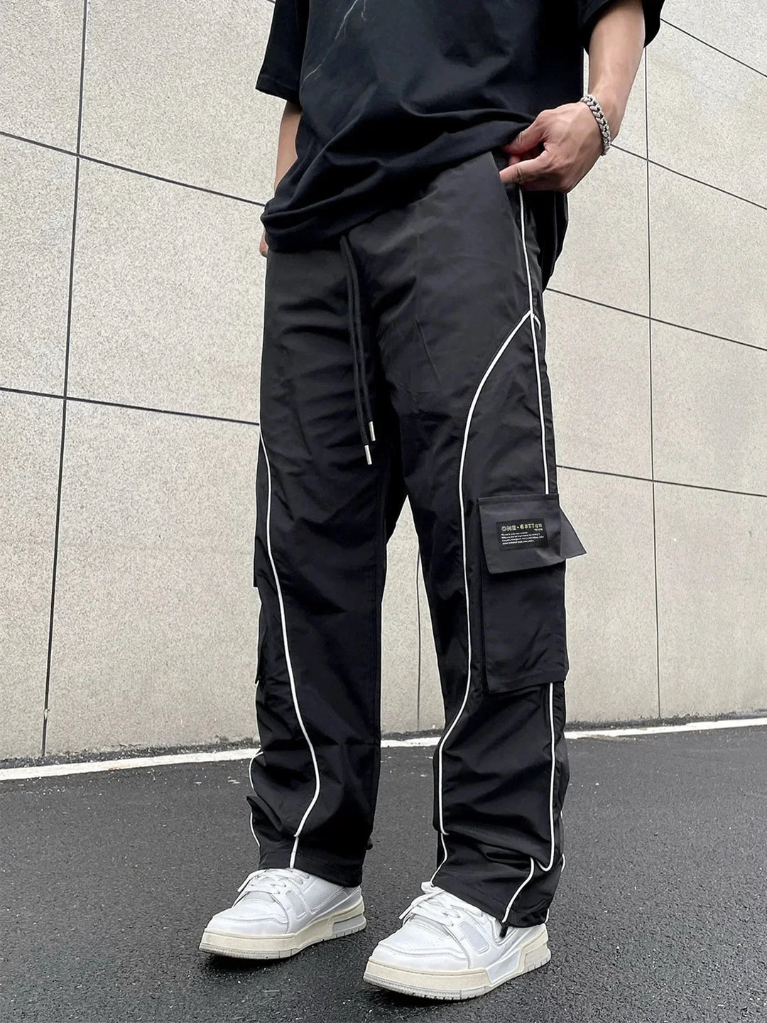 Men's Black Cargo Pants Contrast Piping | Streetwear