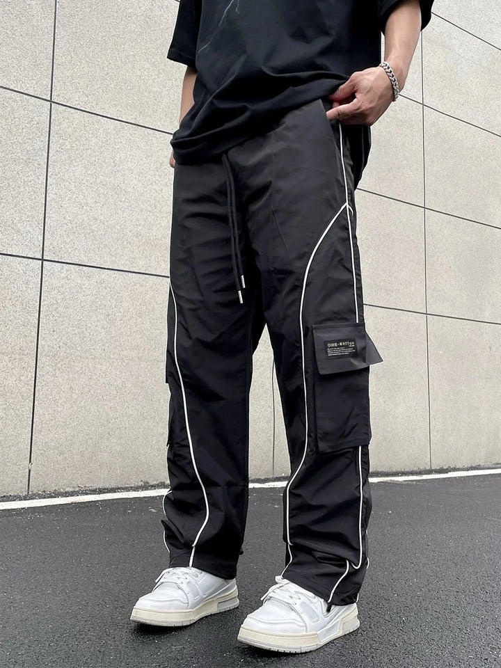 Men's Black Cargo Pants Contrast Piping | Streetwear