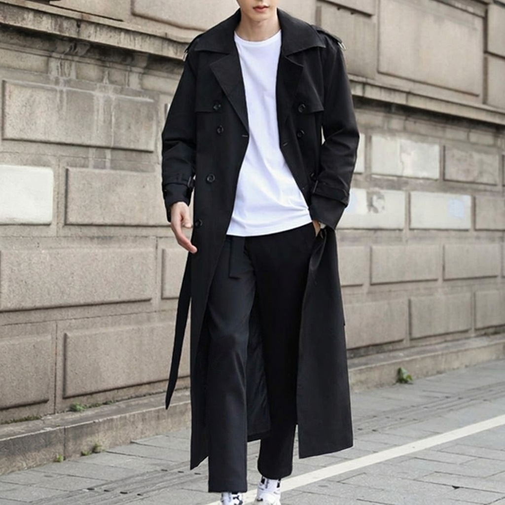 Men's Double-Breasted Trench Coat with Belted Waist | Long