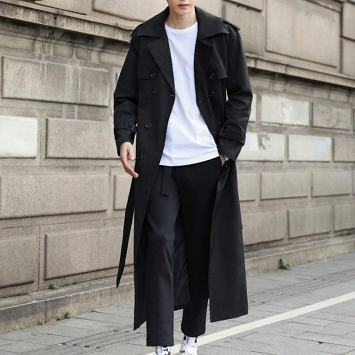 Men's Double-Breasted Trench Coat with Belted Waist | Long