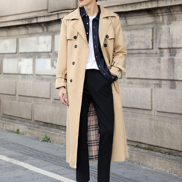 Men's Double-Breasted Trench Coat with Belted Waist | Long