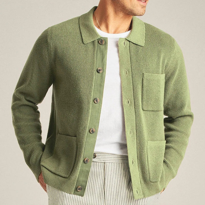 Men's Knit Cardigan with Patch Pockets & Collar | Button Up