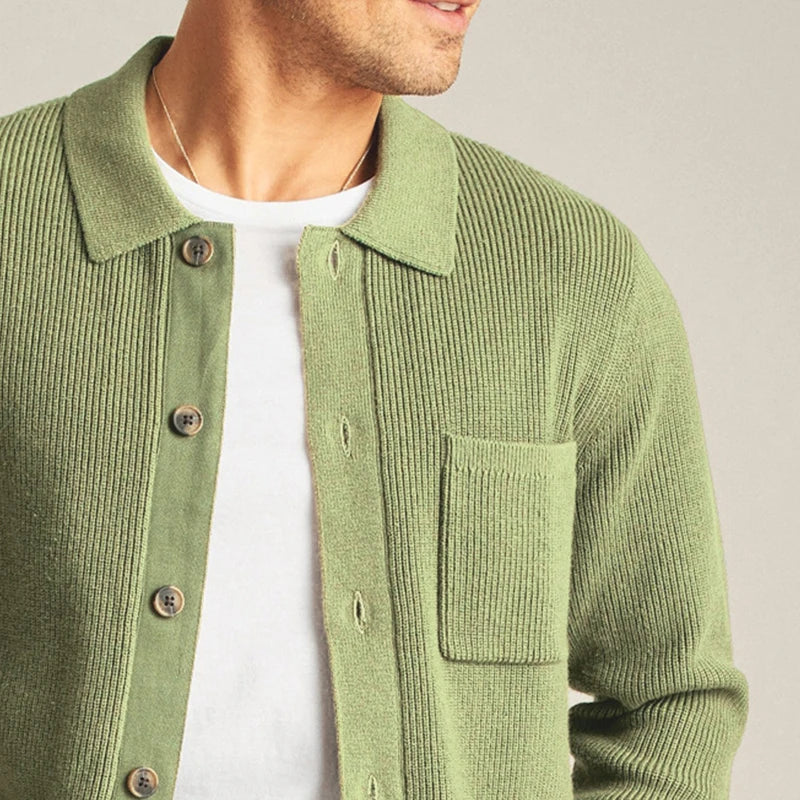 Men's Knit Cardigan with Patch Pockets & Collar | Button Up