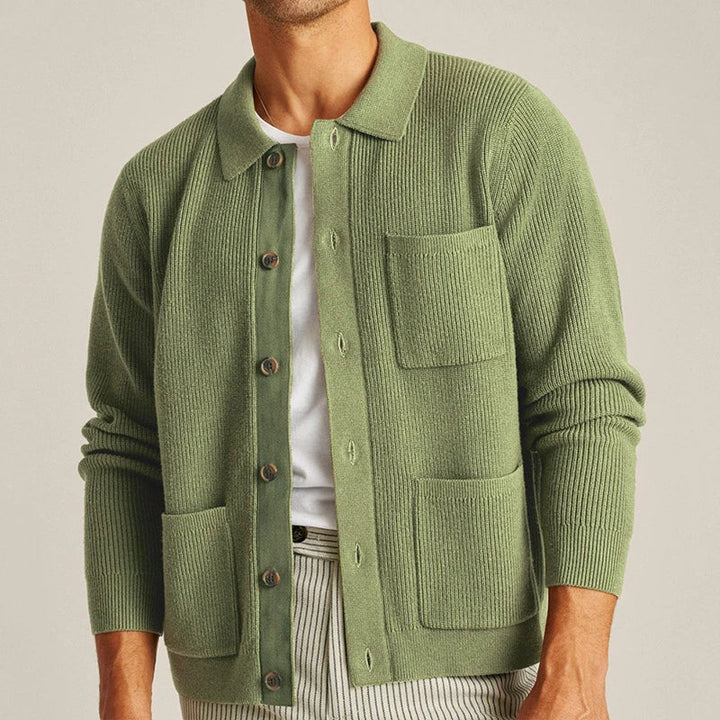 Men's Knit Cardigan with Patch Pockets & Collar | Button Up