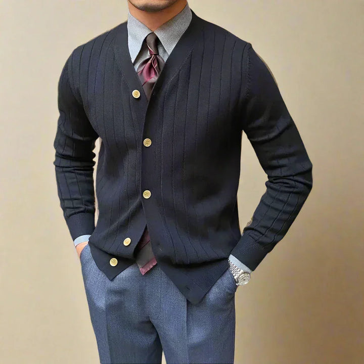 Men's Ribbed Knit Cardigan with V-Neck | Button Up Slim Fit