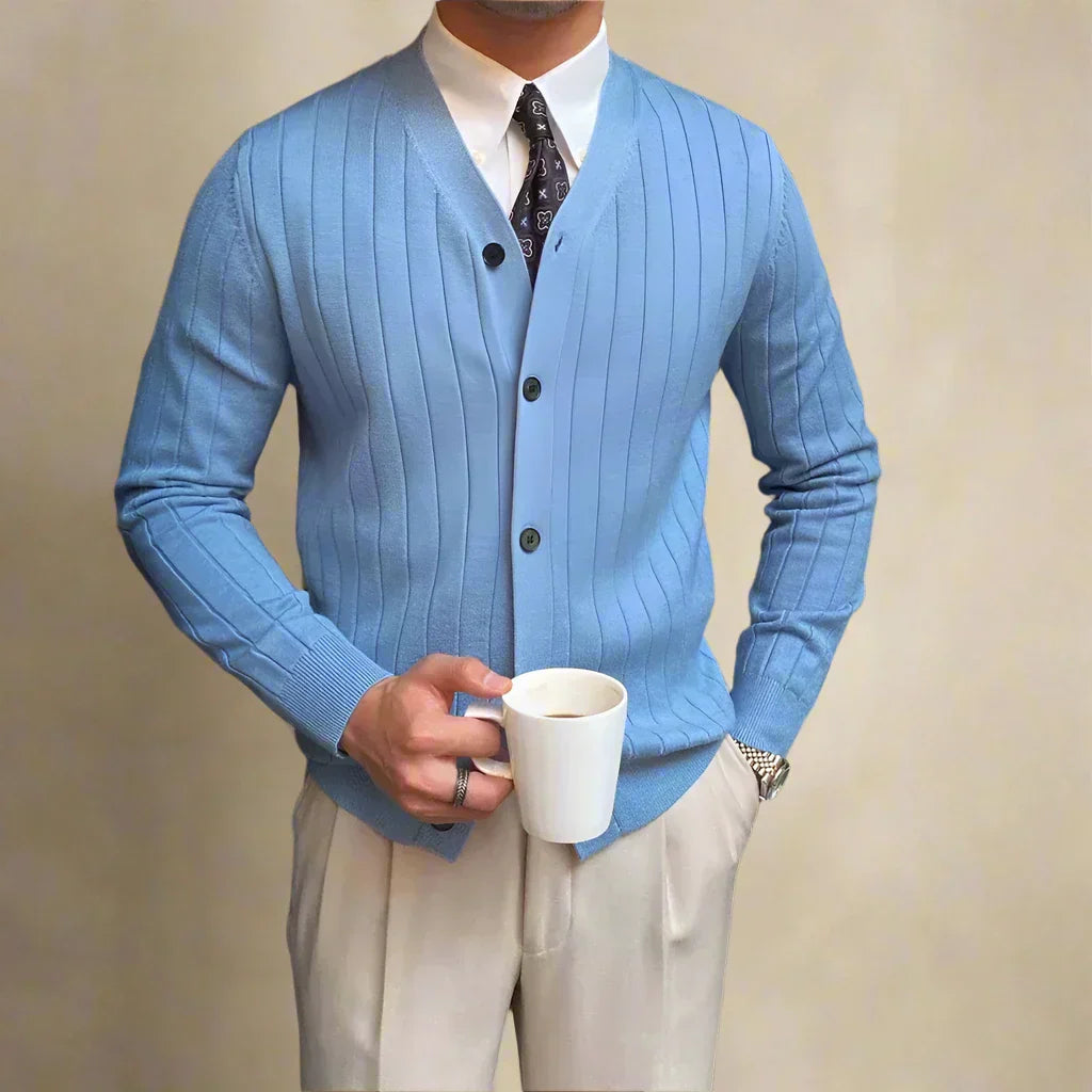 Men's Ribbed Knit Cardigan with V-Neck | Button Up Slim Fit