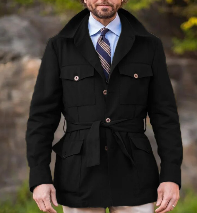 Men's Short Trench Coat with Flap Pockets & Tie Belt | Old Money