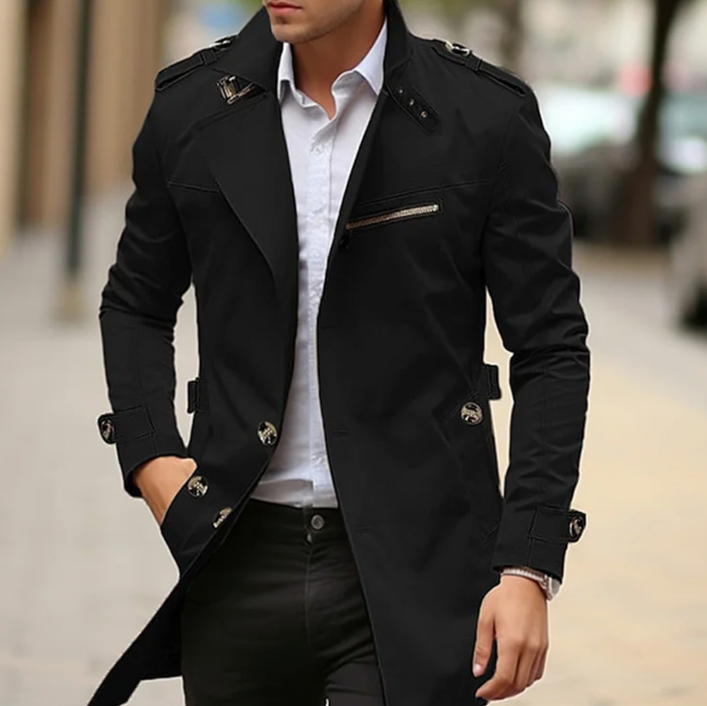 Men's Slim Fit Trench Coat with Epaulettes & Zip Pocket | Long