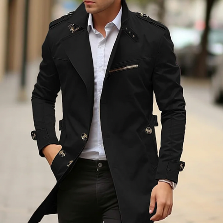 Men's Slim Fit Trench Coat with Epaulettes & Zip Pocket | Long