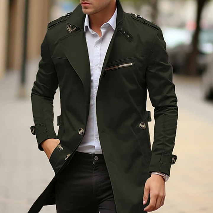 Men's Slim Fit Trench Coat with Epaulettes & Zip Pocket | Long