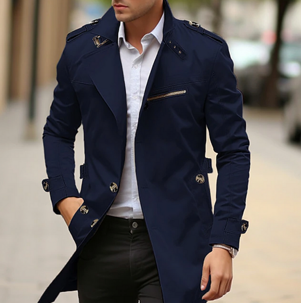 Men's Slim Fit Trench Coat with Epaulettes & Zip Pocket | Long