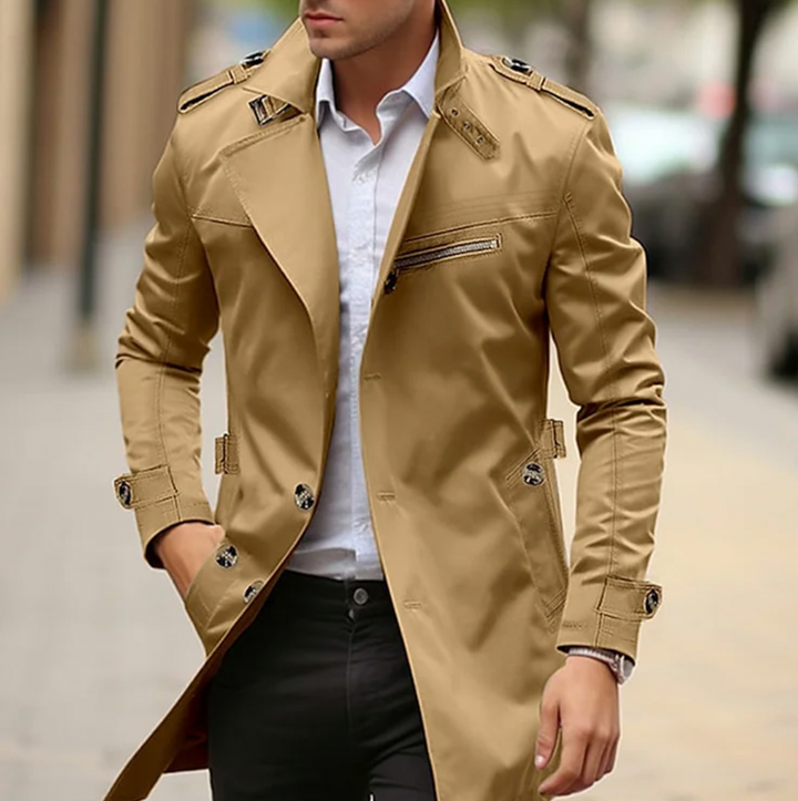 Men's Slim Fit Trench Coat with Epaulettes & Zip Pocket | Long