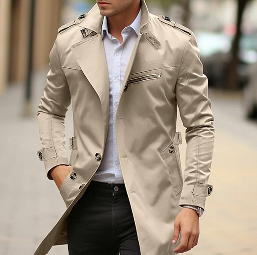 Men's Slim Fit Trench Coat with Epaulettes & Zip Pocket | Long