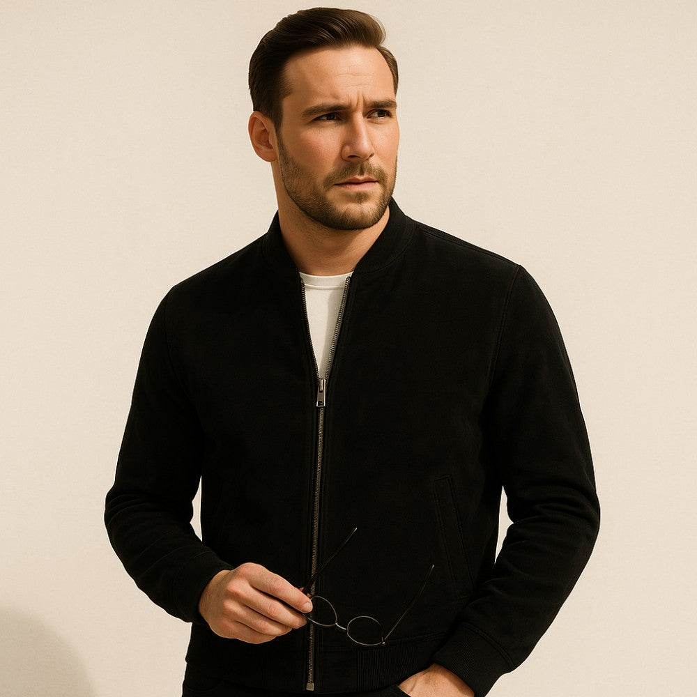 Men's Suede Jacket with Ribbed Cuffs | Zip Up