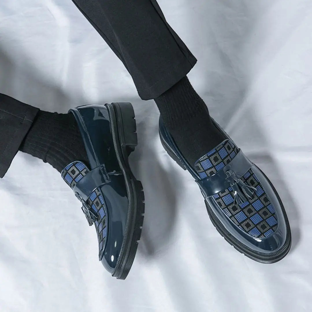 Men's Tassel Loafers with Check Pattern & Chunky Sole | Formal