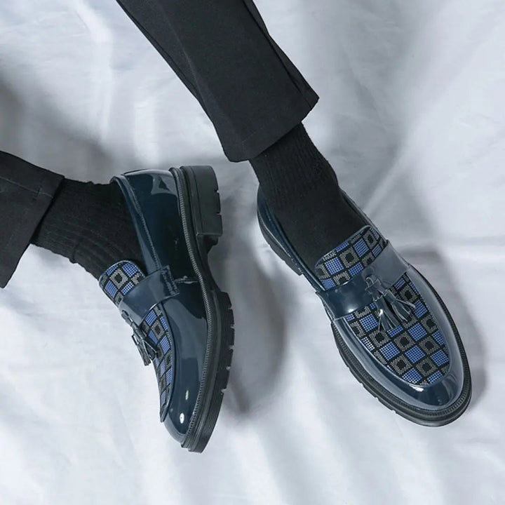 Men's Tassel Loafers with Check Pattern & Chunky Sole | Formal