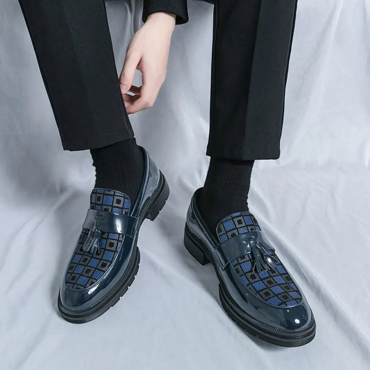 Men's Tassel Loafers with Check Pattern & Chunky Sole | Formal