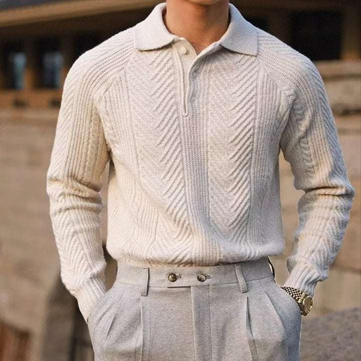 Men's Textured Knit Polo Collar Jumper with Quarter Zip | Slim Fit