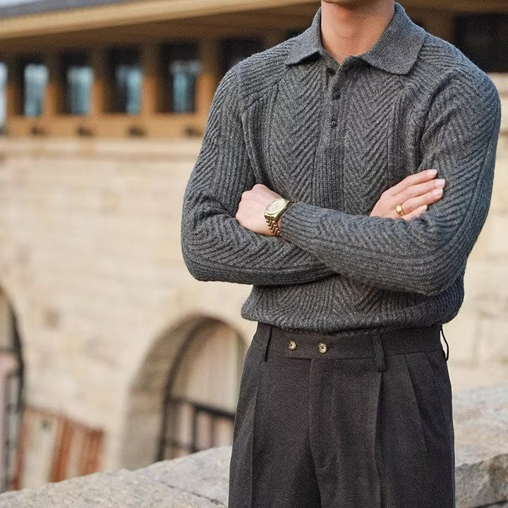 Men's Textured Knit Polo Collar Jumper with Quarter Zip | Slim Fit