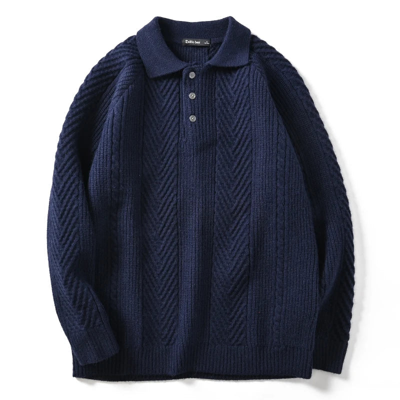 Men's Textured Knit Polo Collar Jumper with Quarter Zip | Slim Fit