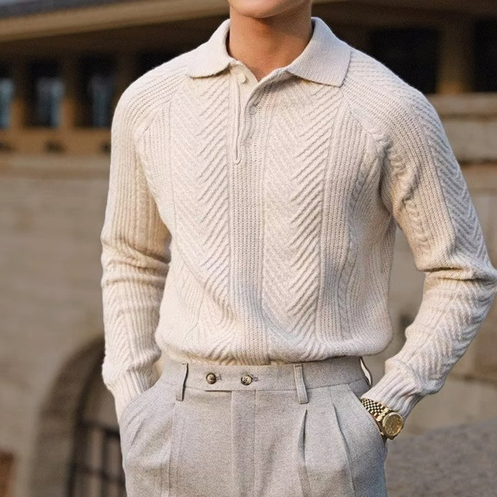 Men's Textured Knit Polo Collar Jumper with Quarter Zip | Slim Fit