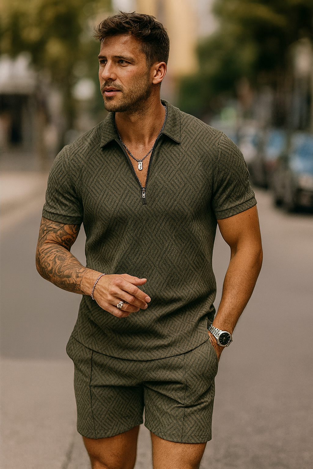 Men's Two Piece Summer Set Zip Polo & Shorts | Shirt & Shorts