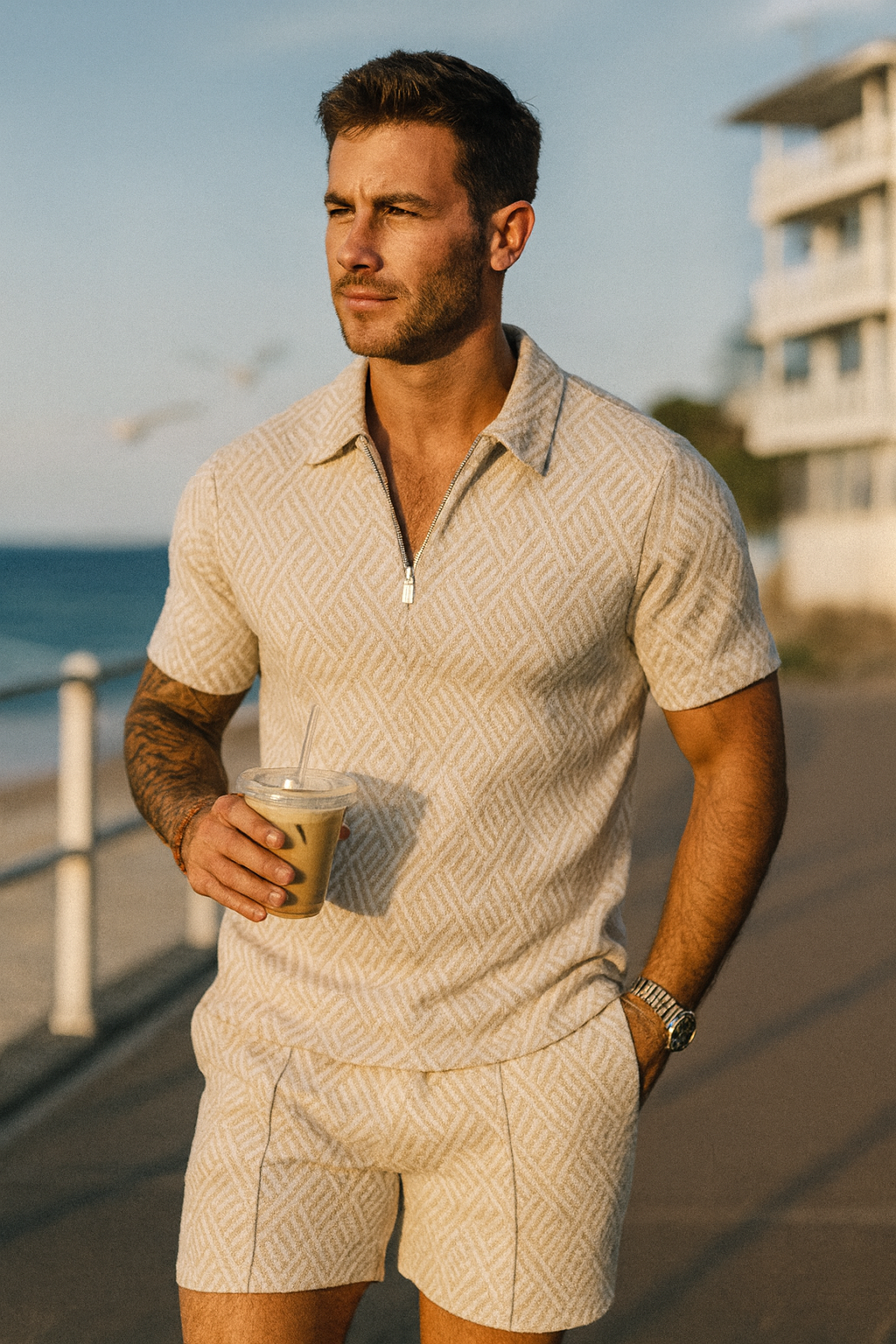 Men's Two Piece Summer Set Zip Polo & Shorts | Shirt & Shorts