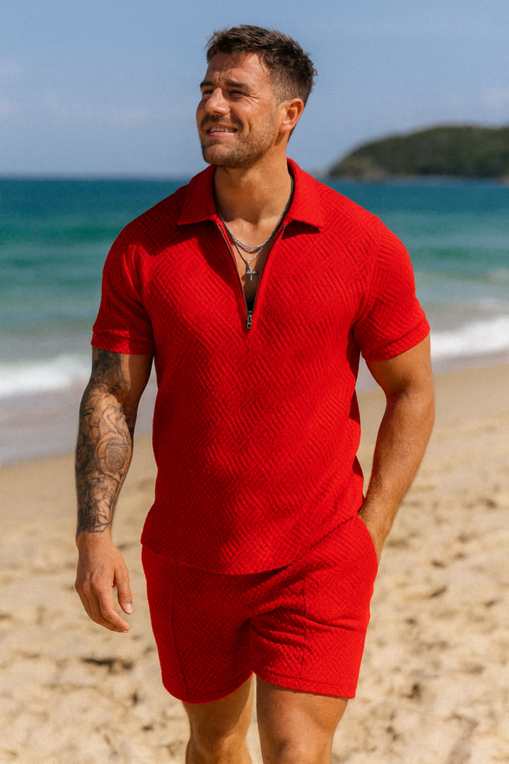 Men's Two Piece Summer Set Zip Polo & Shorts | Shirt & Shorts