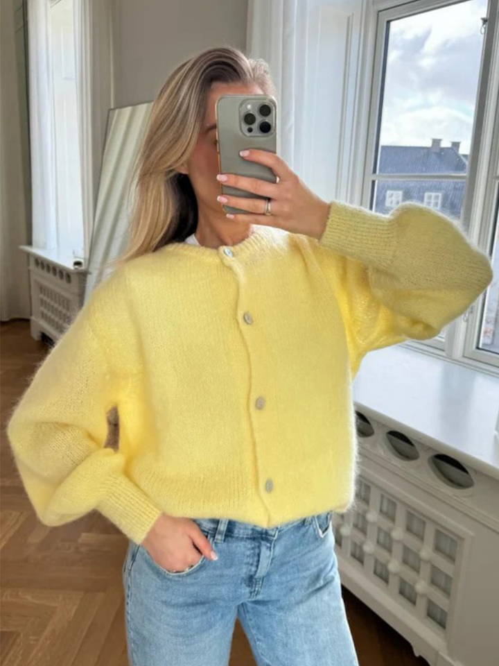 Women's Cardigan Oversized Button Front with Round Neck | Fluffy