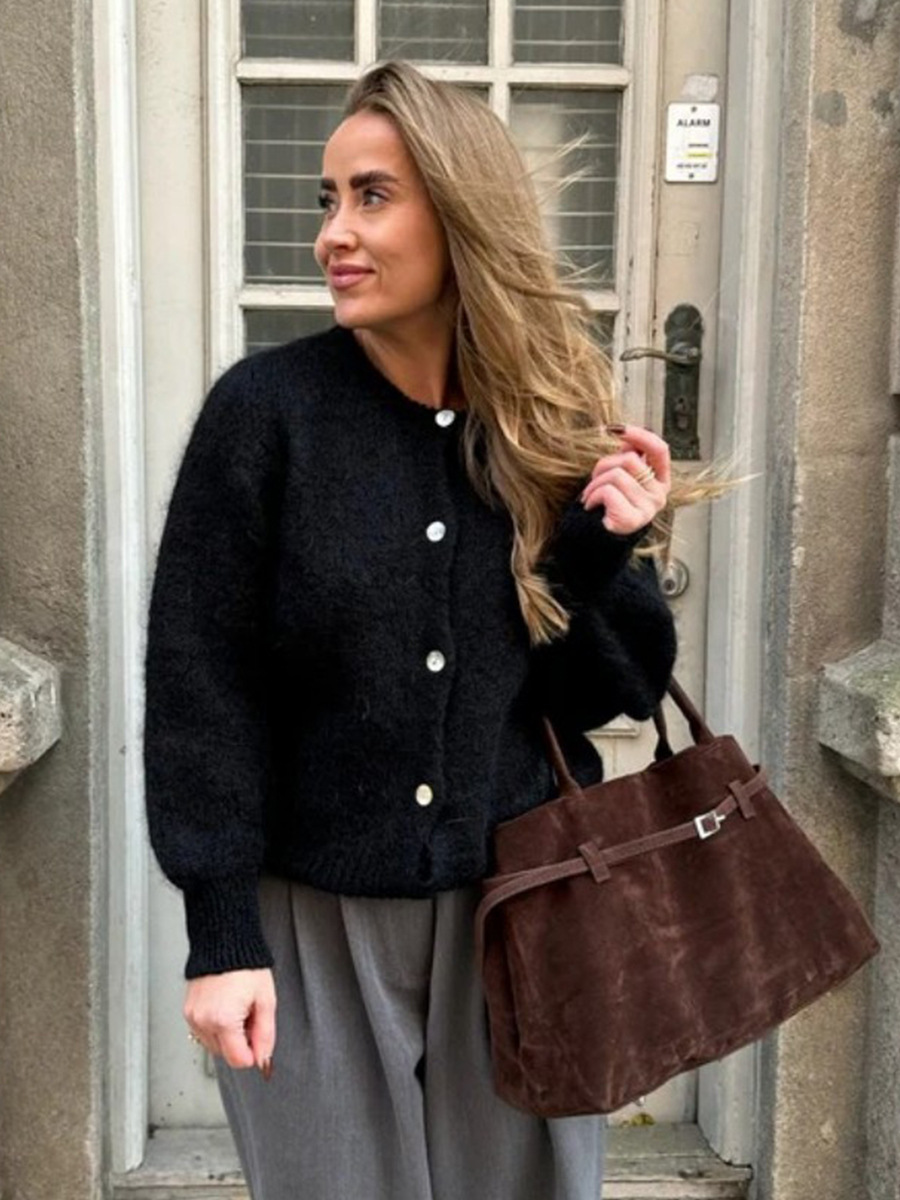 Women's Cardigan Oversized Button Front with Round Neck | Fluffy