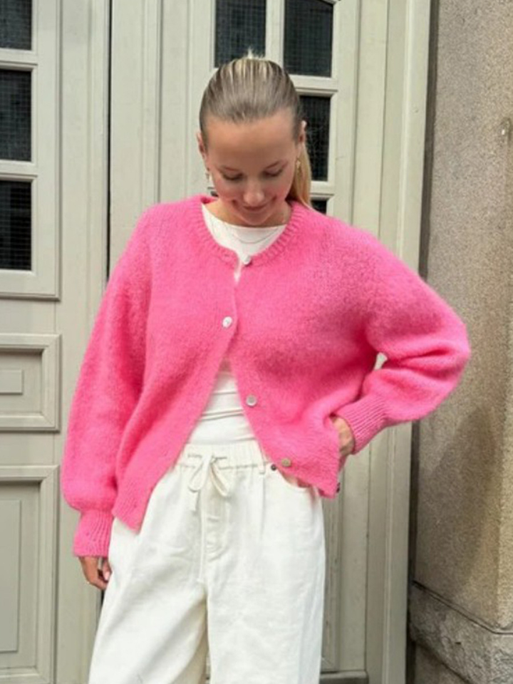 Women's Cardigan Oversized Button Front with Round Neck | Fluffy