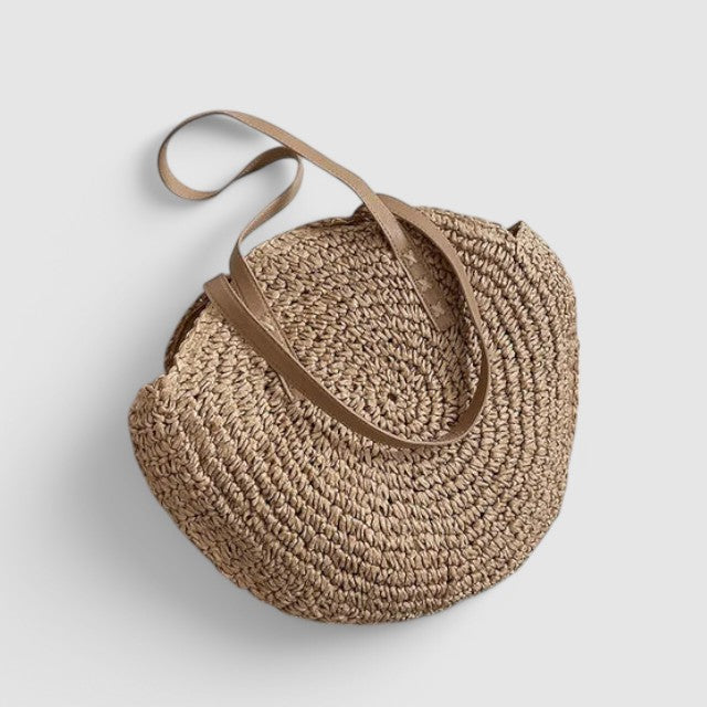 Sienna – Round Straw Tote Bag with Woven Spiral Design and Faux Leather Handles