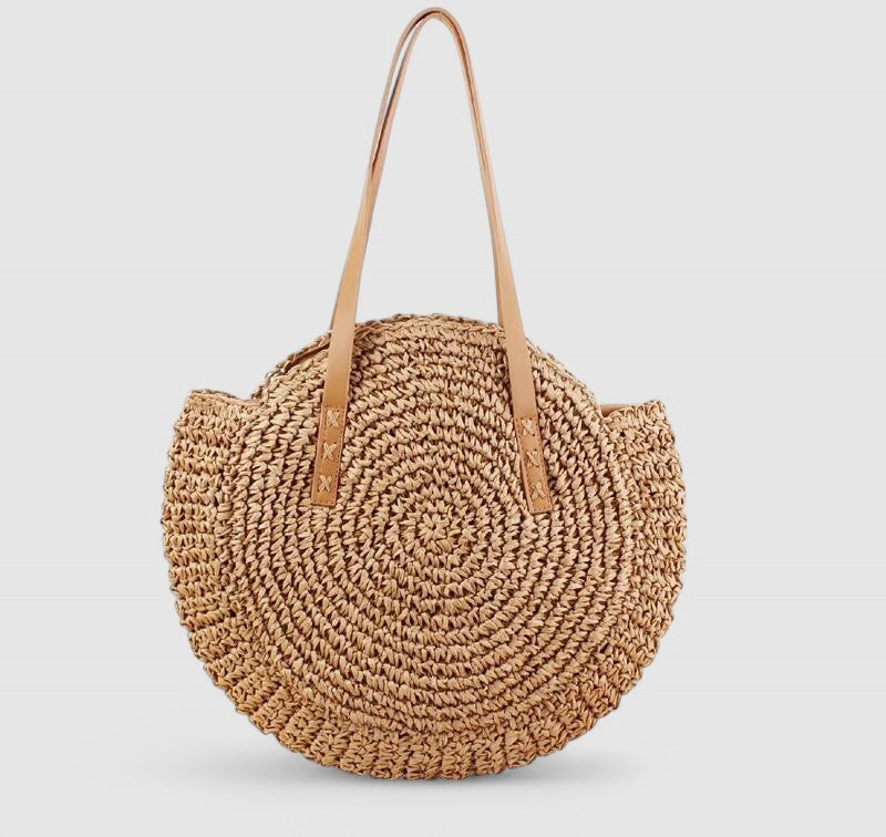 Sienna – Round Straw Tote Bag with Woven Spiral Design and Faux Leather Handles